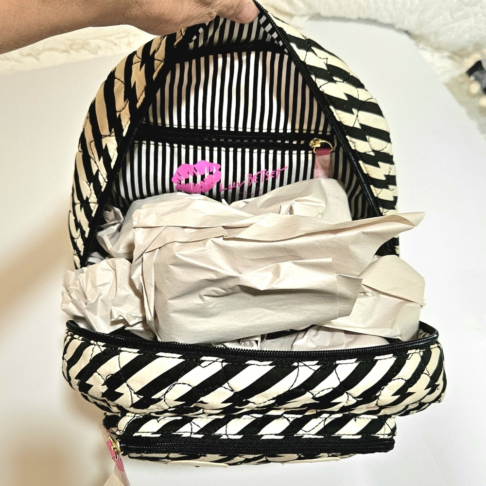 LUV BETSEY JOHNSON Backpack Black/White Stripe, Pink Trim, Funny Face - Picture 12 of 12